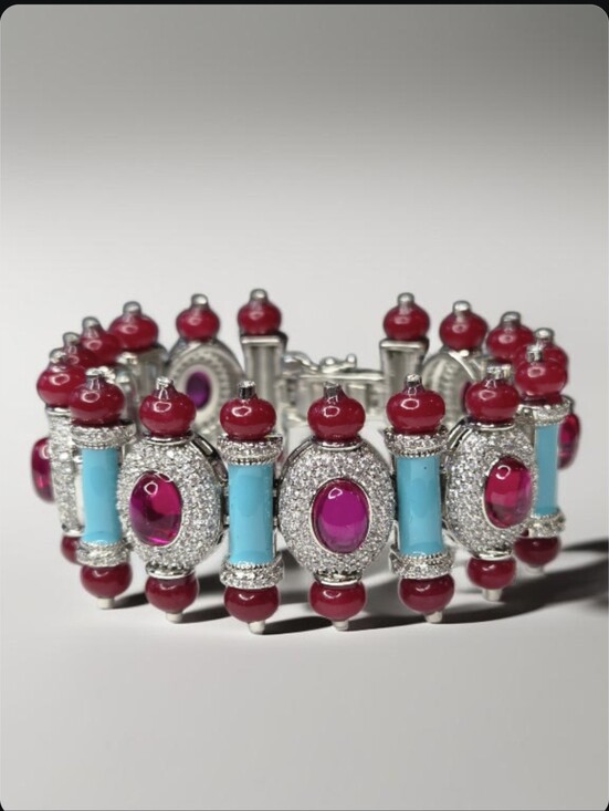 LeChic Jewelry Jewelry - Exquisite Silver Oval Ruby Glass Cabochon Turquoise Enamel Pave Crystal Bracelet